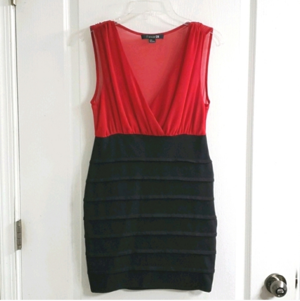 Forever21 Sheer Red Black Ribbed Bodycon Mini Dress M